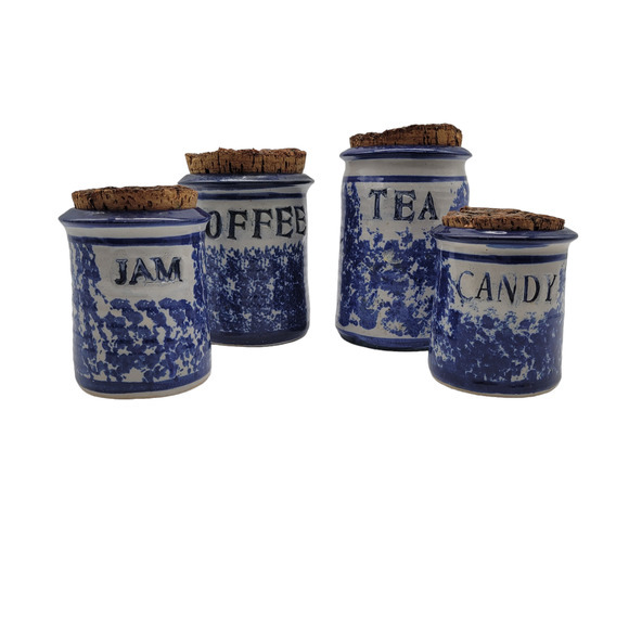 Vintage Set of 4 Blue White Sponge Ware Crock Jars w Cork Lids Signed on Bottom‎ - Picture 2 of 7